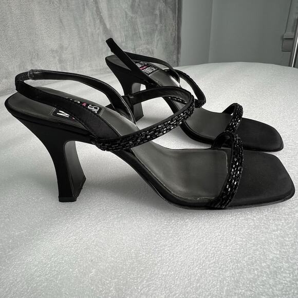 Mootsies Tootsies Square Toe Black Beaded‎ Heels Sandals Women's Size 7 Y2K - Picture 1 of 11